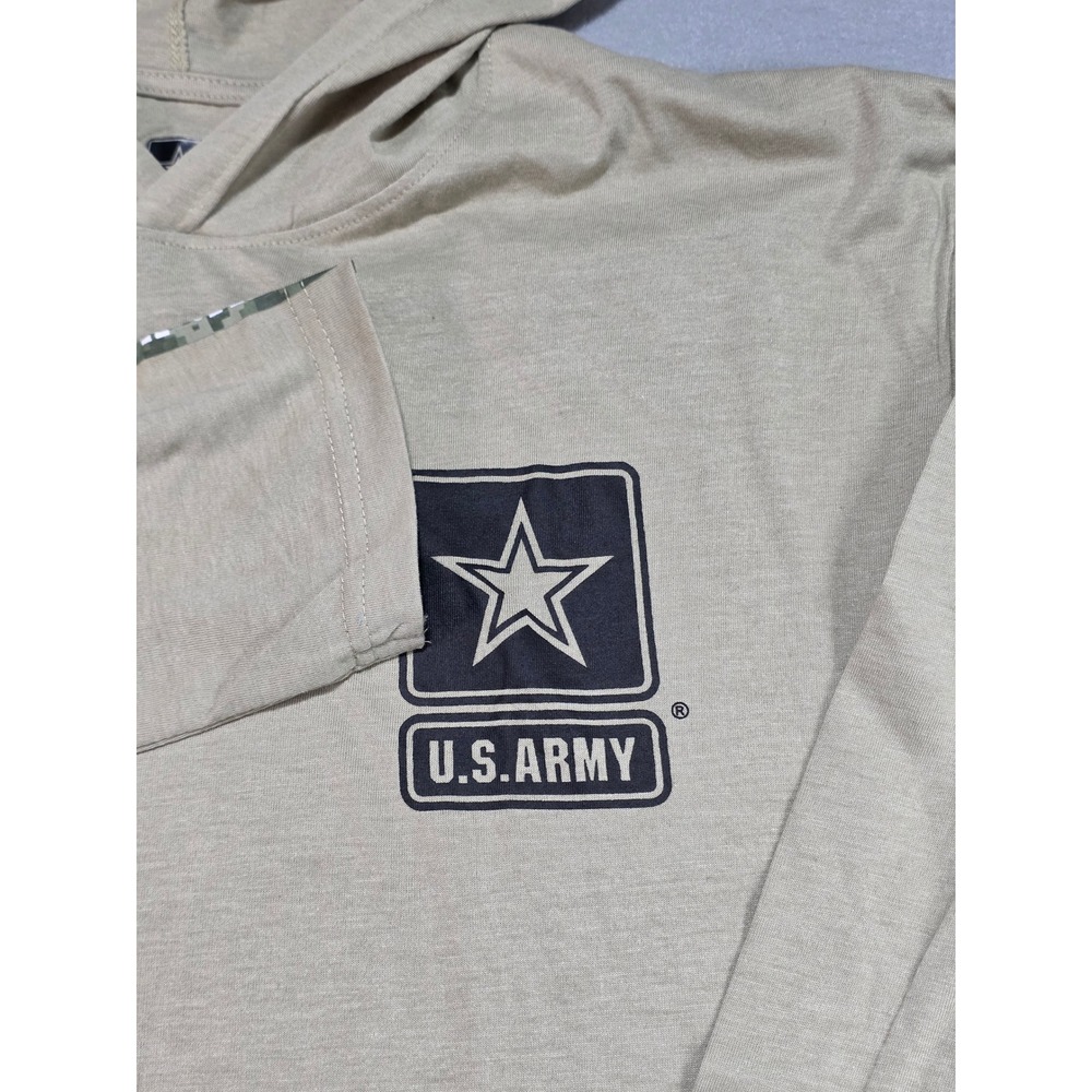 US Army Mens 2XL Tan Lightweight Hoodie Long Sleeve Camo Tape Logo Shirt NWT - Picture 1 of 7